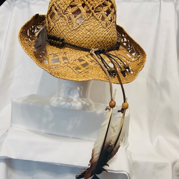 Peter Grimm Straw Cowboy Hat-Brown Beaded/Feathers-Country-Bohemian-Women's - Picture 4 of 16